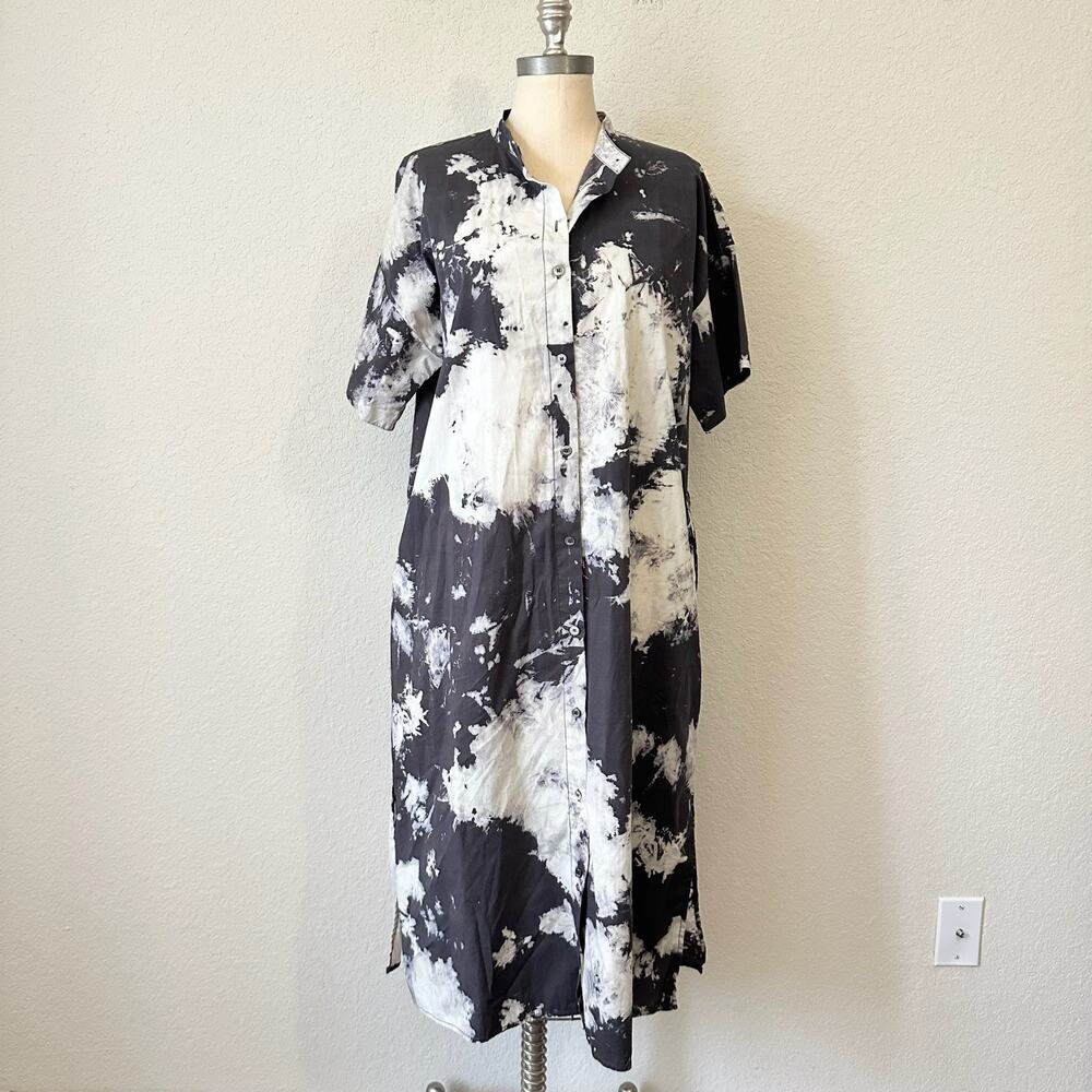 SEA NEW YORK Shirt Dress Black White Bleach Tie Dye Short Sleeve Midi
